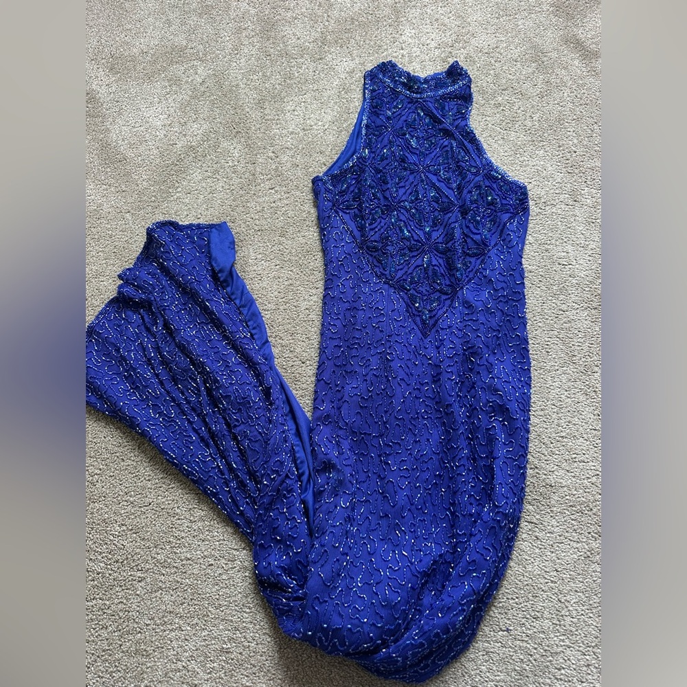 Papell Boutique Vintage 90s Royal Blue y2k Silk Sequin Beaded Maxi Fairy Dress